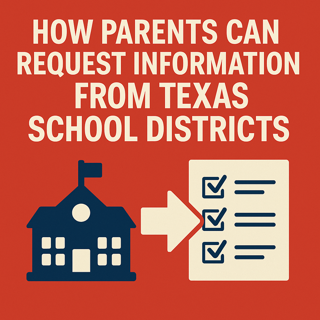 Illustration of two parents reviewing school documents with a highlighted section, symbolizing a public information request process.
