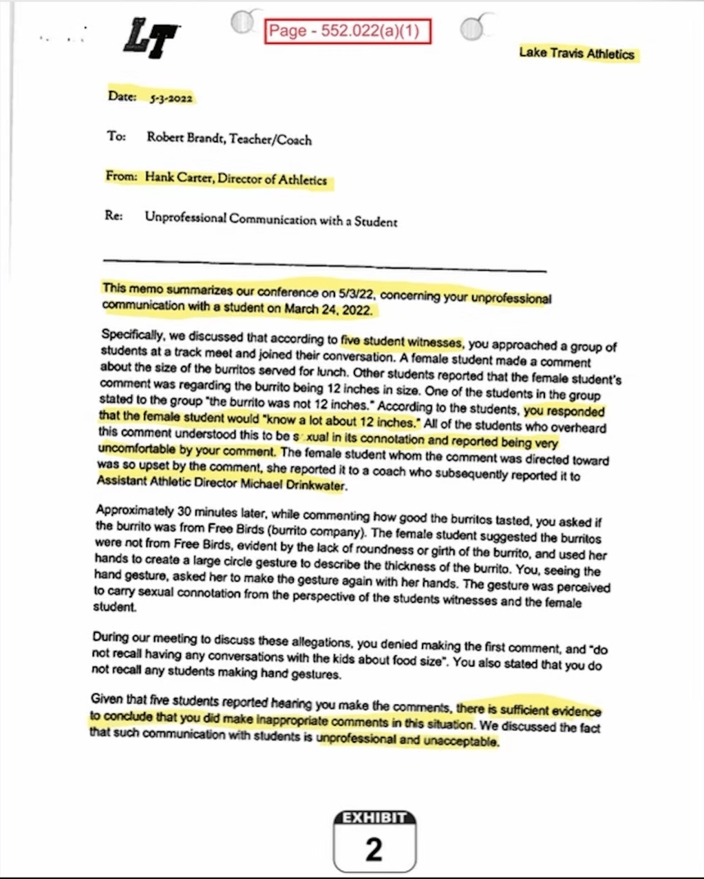 LTISD Employee and Lake Travis Coach Robert Brandt states female student should “know a lot about 12 inches”. —Keeps Job Anyway.&nbsp;Why?